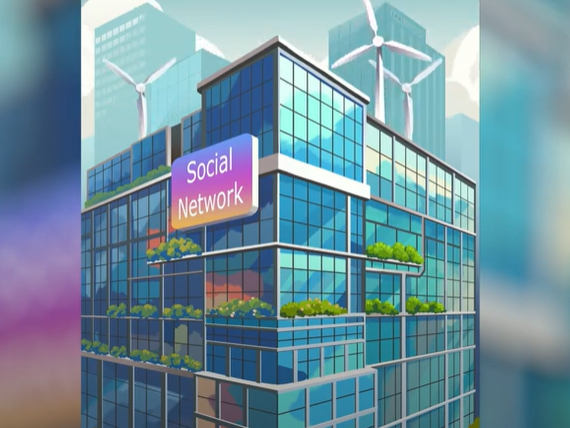 Modernes gläsernes Bürogebäude mit einem "Social Network"-Schild, Dachgärten und Windturbinen auf dem Dach vor einer Stadtsilhouette mit anderen hohen Gebäuden.