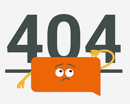 Großes "404" mit einer traurigen orangefarbenen Sprechblase davor, mit ausgestreckten Armen, die auf einen fehlenden oder nicht gefundenen Fehler hinweist.
