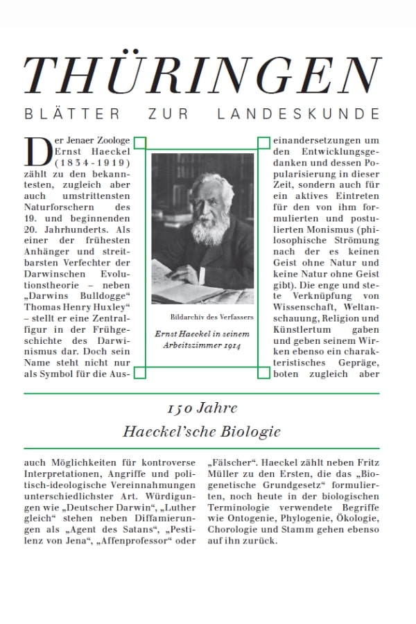 Eine Seite aus der Publikation "Thüringer Blätter zur Landeskunde" mit einem Artikel über Ernst Haeckel. Es gibt ein Porträt von Haeckel an seinem Schreibtisch, und der Text behandelt sein Leben und seine wissenschaftlichen Beiträge.