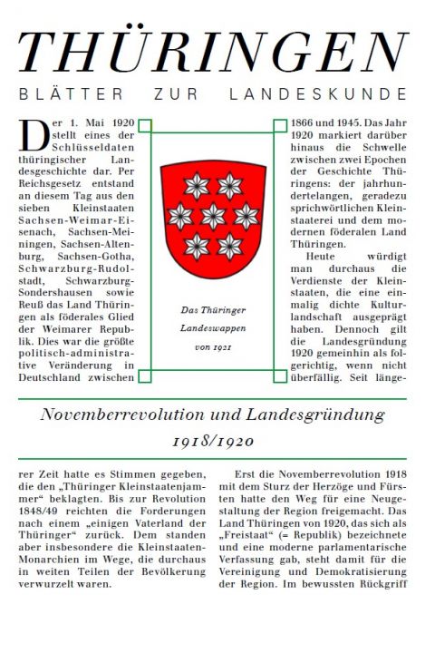 Ein historisches Dokument mit dem Titel "THÜRINGEN" zeigt in der Mitte das Thüringer Wappen und einen deutschen Text über die Geschichte des Landes mit hervorgehobenen Titeln und einem dekorativen Rand.
