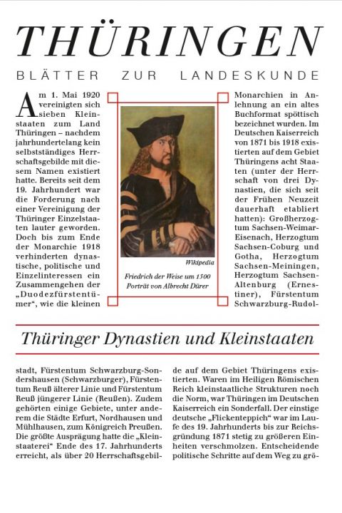 Eine deutsche historische Magazinseite mit der Überschrift "Thüringen". Die Seite enthält Text, ein Farbporträt von Friedrich der Weise, der ein Schwert hält, und farbige rote und graue Abschnittsüberschriften.