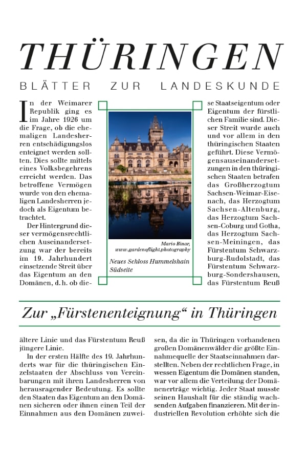 Eine Zeitschriftenseite mit dem Titel "THÜRINGEN", die ein Foto eines Schlosses an einem See (Neues Schloss Hummelshain, Südseite) und Spalten mit deutschem Text über die regionale Geschichte und die Beschlagnahmung von Adelsgut zeigt.