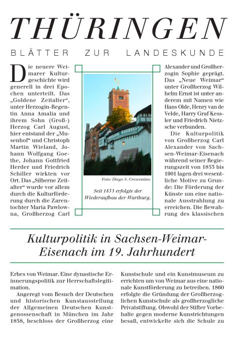 Eine historische deutsche Zeitschriftenseite mit dem Titel "Thüringen", die einen Artikel über die Kulturpolitik in Sachsen-Weimar-Eisenach im 19. Jahrhundert und ein Foto der Wartburg enthält, mit Text in deutscher Sprache.
