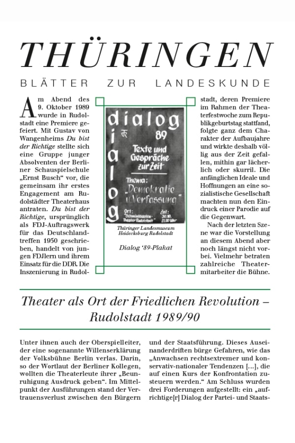 Buchcover "Theater als Ort der Friedlichen Revolution - Rudolstadt 1989/90" von Jolin Diekmann. Das Cover zeigt