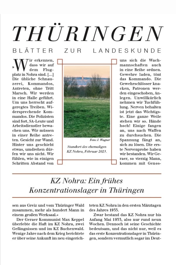 Das Buchcover "133 - KZ Nohra: Ein frühes Konzentrationslager in Thüringen" von Jens-Christian Wagner. Das Cover zeigt den Standort des ehemaligen KZ Nohra. Eine grüne Wiese durchzieht das Bild.