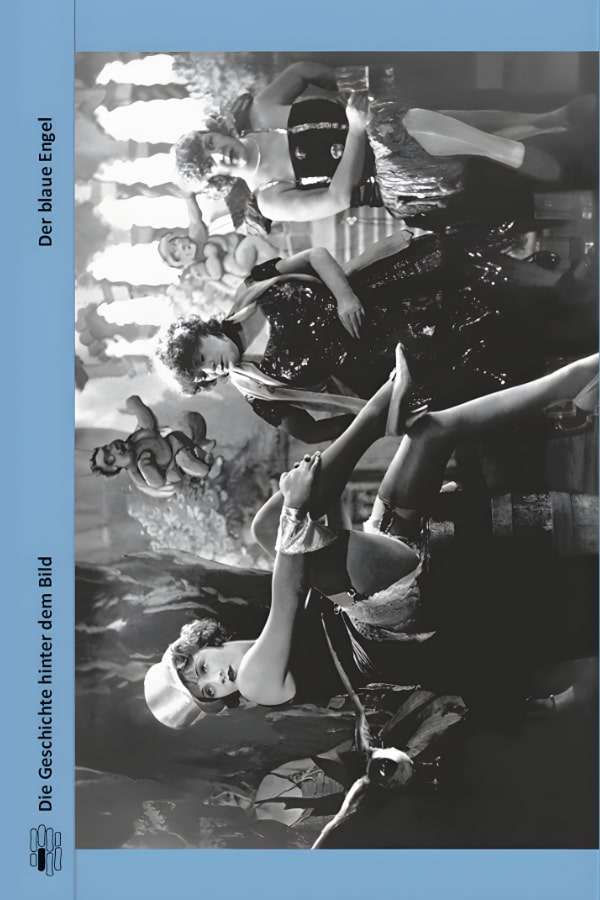 Buchcover "Der blaue Engel" von Michael Grisko." Das Cover zeigt eine Schwarz-Weiß-Szene aus dem Film "Der blaue Engel". In der Mitte erkennt man Marlene Dietrich.