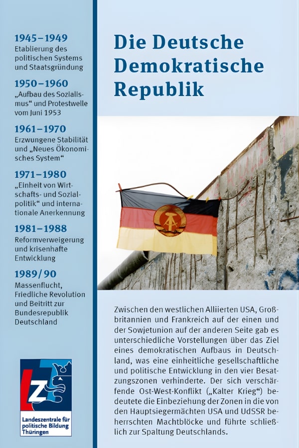 Buchcover "Die Deutsche Demokratische Republik" von Andreas Fraude. Das Buchcover zeigt die Flagge der DDR, die an einer Mauer befestigt ist. An der linken Buchseite steht eine Zeittafel von 1945 bis 1990.