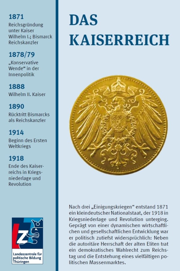 Buchcover "Das Kaiserreich" von Dietmar von Reeken. Das Buchcover zeigt eine goldene 5 Mark Münze. An der Seite steht eine Zeittafel von 1871 bis 1918.