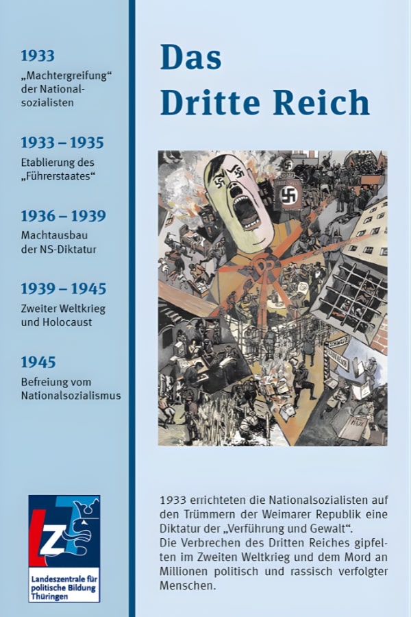 Buchcover "Das Dritte Reich" von Steffen Raßloff. Das Buchcover zeigt eine Karikatur, die Hitler zentriert in einer überspitzten Darstellung zeigt. An der linken Seite steht eine Zeittafel von 1933 bis 1945.