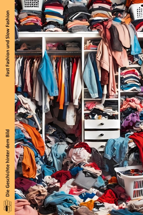 Buchcover "Fast Fashion und Slow Fashion" von Larissa Rüsing. Das mit generativer KI generierte Cover zeigt einen überfüllten und unordentlichen Kleiderschrank. Der ganze Raum ist mit Kleidung überflutet.