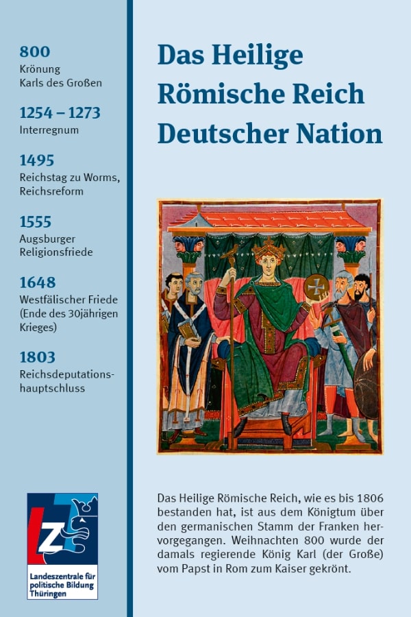 Buchcover "Das Heilige Römische Reich Deutscher Nation" von Johannes Mötsch. Oben: Heinrich II. und Kunigunde von Christus gekrönt, hinter ihnen die Bamberger Patrone Petrus und Paulus. Unten: huldigende Personen und die Personifizierungen der Roma, Gallia und Germania. An der Seite steht eine Zeittafel von 800 bis 1803.