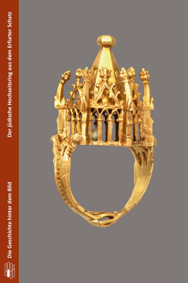 Buchcover "Der jüdische Hochzeitsring aus dem Erfurter Schatz" von Maria Stürzebecher. Auf grauem Hintergrund ist der Erfurter Hochzeitsring mittig abgebildet. 