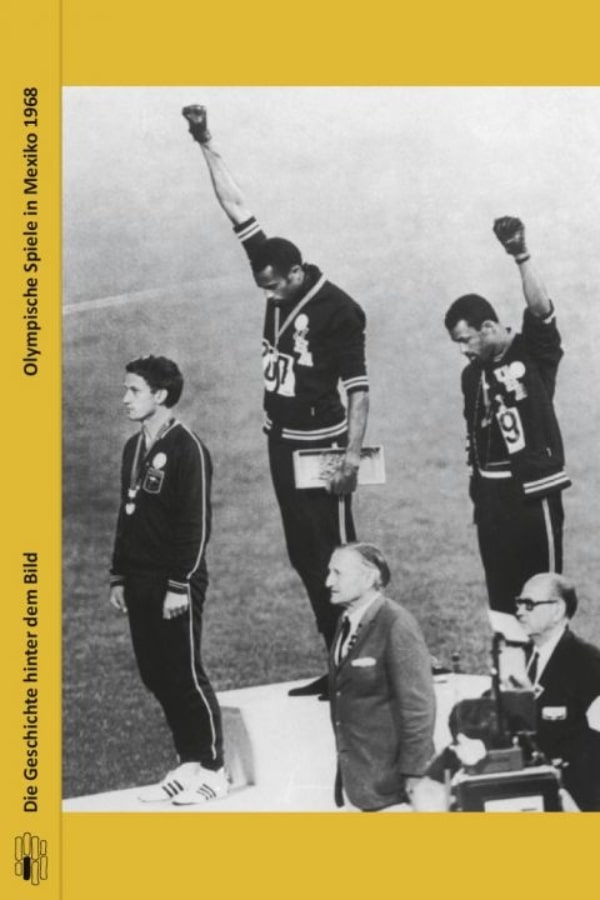 Buchcover "Olympische Spiele in Mexiko 1968" von Albina Aliyeva. Das Cover zeigt die Siegerehrung von Tommie Smith (Mitte), und John Carlos (rechts), die ihre Fäuste heben.