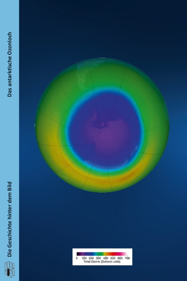 Buchcover "Das antarktische Ozonloch" von Ulrike Langematz. Das Cover zeigt Monatsmittel der Gesamtozonsäule im südlichen Polargebiet im Oktober 2018 aus Messungen des Ozone Mapping Profiler Suite (OMPS) Instrumentes an Bord des Suomi National Polar-orbiting Partnership (NPP) Satelliten.