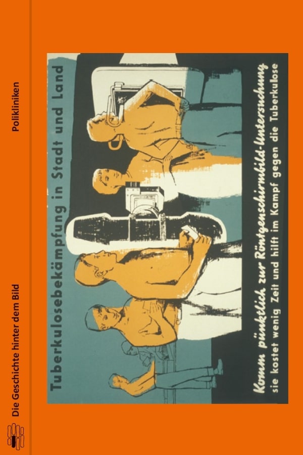 Buchcover "Polikliniken" von Rainer Erices. Das Cover zeigt einen Aufruf zur Prophylaxe von Tuberkulose aus dem Jahr 1957.