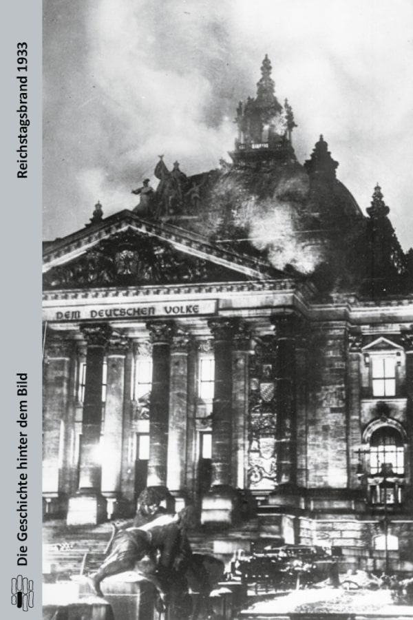 Buchcover "Reichtagsbrand 1933" von Udo Grashoff. Das Cover zeigt den brennenden Reichstag am 27./28. Feburar 1933 in schwarz/weiß. 