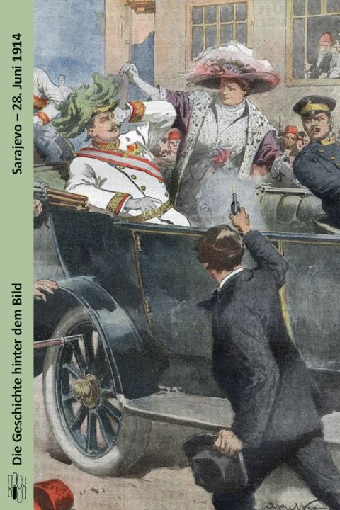 Buchcover "Sarajevo - 28. Juni 1914" von Gerhard Hirschfeld. Das Cover zeigt eine Zeichnung von schille Beltrame, auf der das Attentat abgebildet ist. Der Attentäter hält eine Pistole in der Hand und zielt auf das Paar.