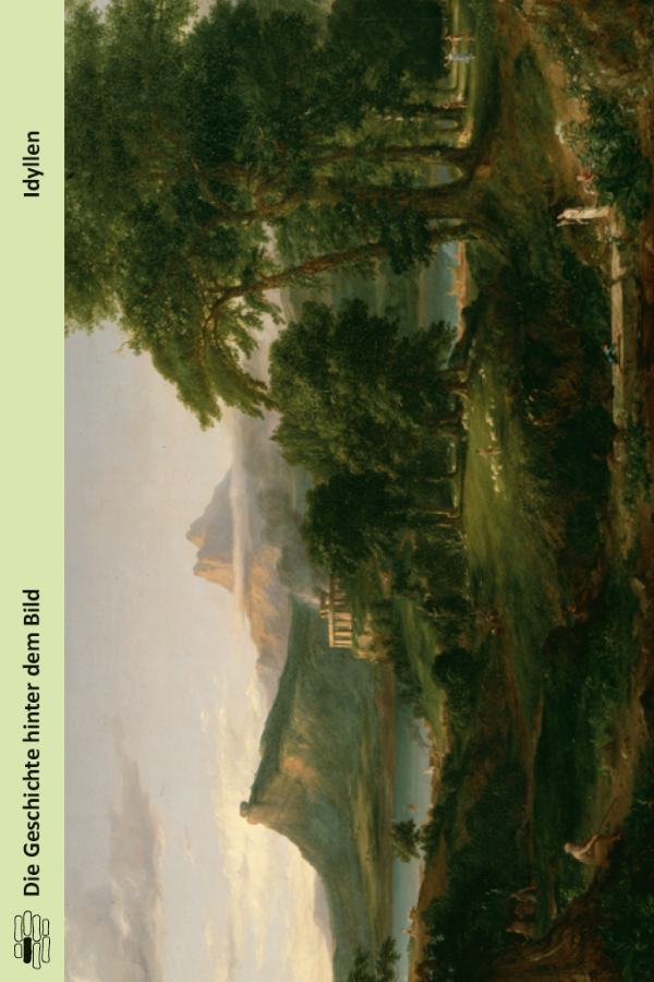 Eine üppige, grüne Landschaft mit hohen Bäumen, einem gewundenen Fluss, fernen Bergen und einem klassischen Gebäude. Menschen flanieren und entspannen sich in der ruhigen, idyllischen Umgebung unter einem teilweise bewölkten Himmel. Der deutsche Text verläuft entlang der linken Seite.