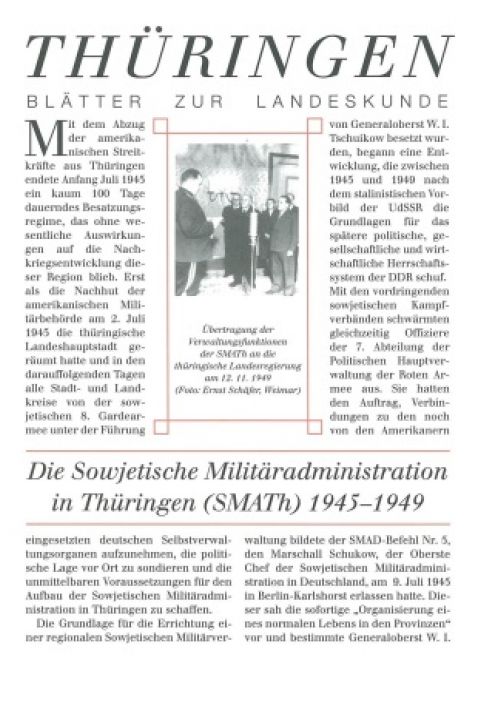 Eine deutschsprachige Zeitschriftenseite mit dem Titel "Thüringen Blätter zur Landeskunde" mit Artikeln über die Sowjetische Militäradministration in Thüringen von 1945-1949 und einem Schwarz-Weiß-Foto von zwei Offizieren beim Händeschütteln.