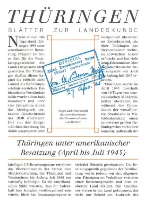 Eine deutsche Magazinseite mit dem Titel "Thüringen Blätter zur Landeskunde" enthält einen Artikel über Thüringen unter amerikanischer Besatzung im Jahr 1945. Am oberen Rand der Seite befindet sich außerdem ein offizielles Fotodokument mit blauem Stempel.