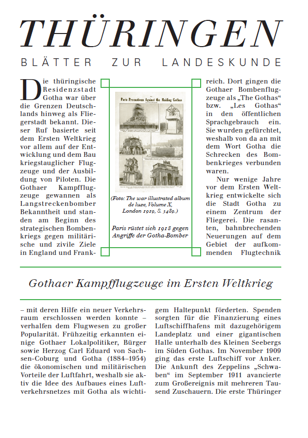 Eine deutsche Magazinseite mit dem Titel "Thüringen". Das zentrale Bild zeigt zwei Doppeldecker über einer Stadt, umgeben von Text und einem Artikel über Gotha-Bomber im Ersten Weltkrieg.
