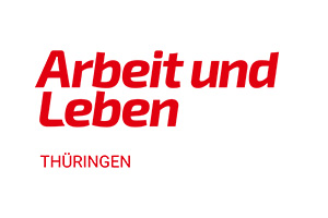 In roter Schrift auf weißem Grund steht in großen Buchstaben "Arbeit und Leben", darunter in kleineren Buchstaben "THÜRINGEN".