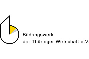 Das Logo des Bildungswerks der Thüringer Wirtschaft e.V. zeigt ein geometrisches, abstraktes Design mit schwarzen Linien und einem gelben Segment, rechts daneben der Name der Organisation in deutscher Sprache.