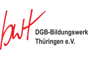 Logo mit rotem, handgeschriebenem "bwt" auf der linken Seite und dem schwarzen Text "DGB-Bildungswerk Thüringen e.V." auf der rechten Seite, alles auf weißem Hintergrund.