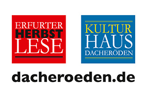 Zwei farbige Quadrate: das linke rot mit weißem Text "Erfurter Herbstlese", das rechte blau mit gelbem und weißem Text "Kultur Haus Dacheröden". Darunter steht in fetten schwarzen Buchstaben "dacheroeden.de".