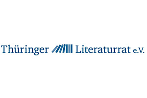 Logo des Thüringer Literaturrat e.V. mit dem Vereinsnamen in blauer Serifenschrift und einer stilisierten Reihe von blauen Buchrücken zwischen den Worten "Thüringer" und "Literaturrat e.V.