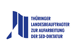 Logo mit blauen abstrakten Formen und deutschem Text: "Thüringer Landesbeauftragter zur Aufarbeitung der SED-Diktatur" auf weißem Hintergrund.