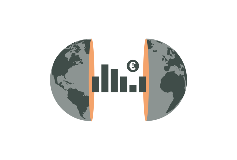 Eine geteilte Weltkugel mit Balkendiagrammen und einem Euro-Symbol in der Mitte, das globale Wirtschaftsdaten oder Finanzanalysen darstellt.