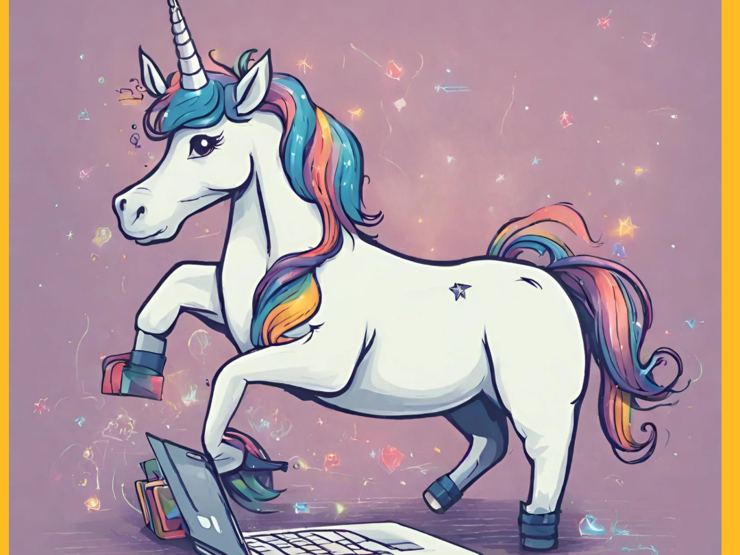 Ein weißes Einhorn mit einer Mähne und einem Schweif in Regenbogenfarben steht auf einem Laptop, umgeben von Glitzerpartikeln, vor einem violetten Hintergrund mit gelbem Rand.