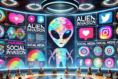 Menschen sitzen um einen großen runden Tisch in einem High-Tech-Raum, auf dessen Bildschirmen ein bunter Außerirdischer, "ALIEN INVASION", "SOCIAL MEDIA" und verschiedene Logos für soziale Medien zu sehen sind.