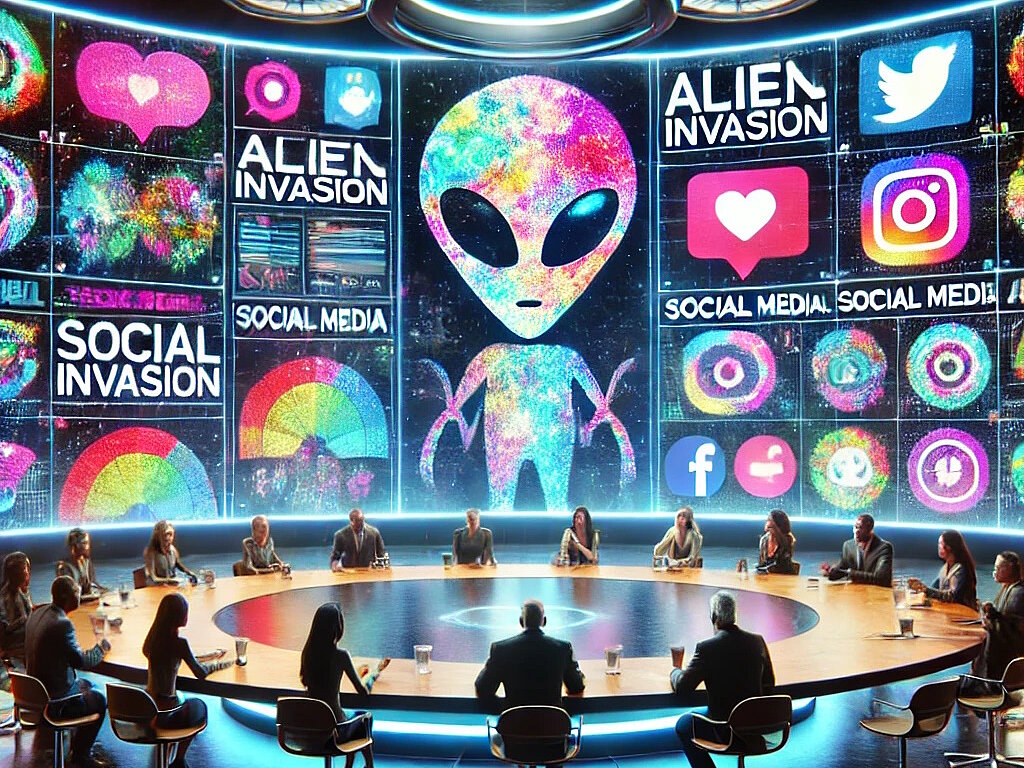 Menschen sitzen um einen großen runden Tisch in einem High-Tech-Raum, auf dessen Bildschirmen ein bunter Außerirdischer, "ALIEN INVASION", "SOCIAL MEDIA" und verschiedene Logos für soziale Medien zu sehen sind.