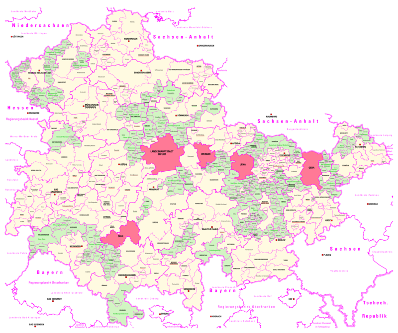 Thüringenkarte mit eingezeichneten Gemeindegrenzen