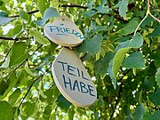 An einem belaubten Ast hängen zwei Schilder, auf denen in blauer Schrift die Worte "FRIEDEN" und "TEIL HABE" zu lesen sind.