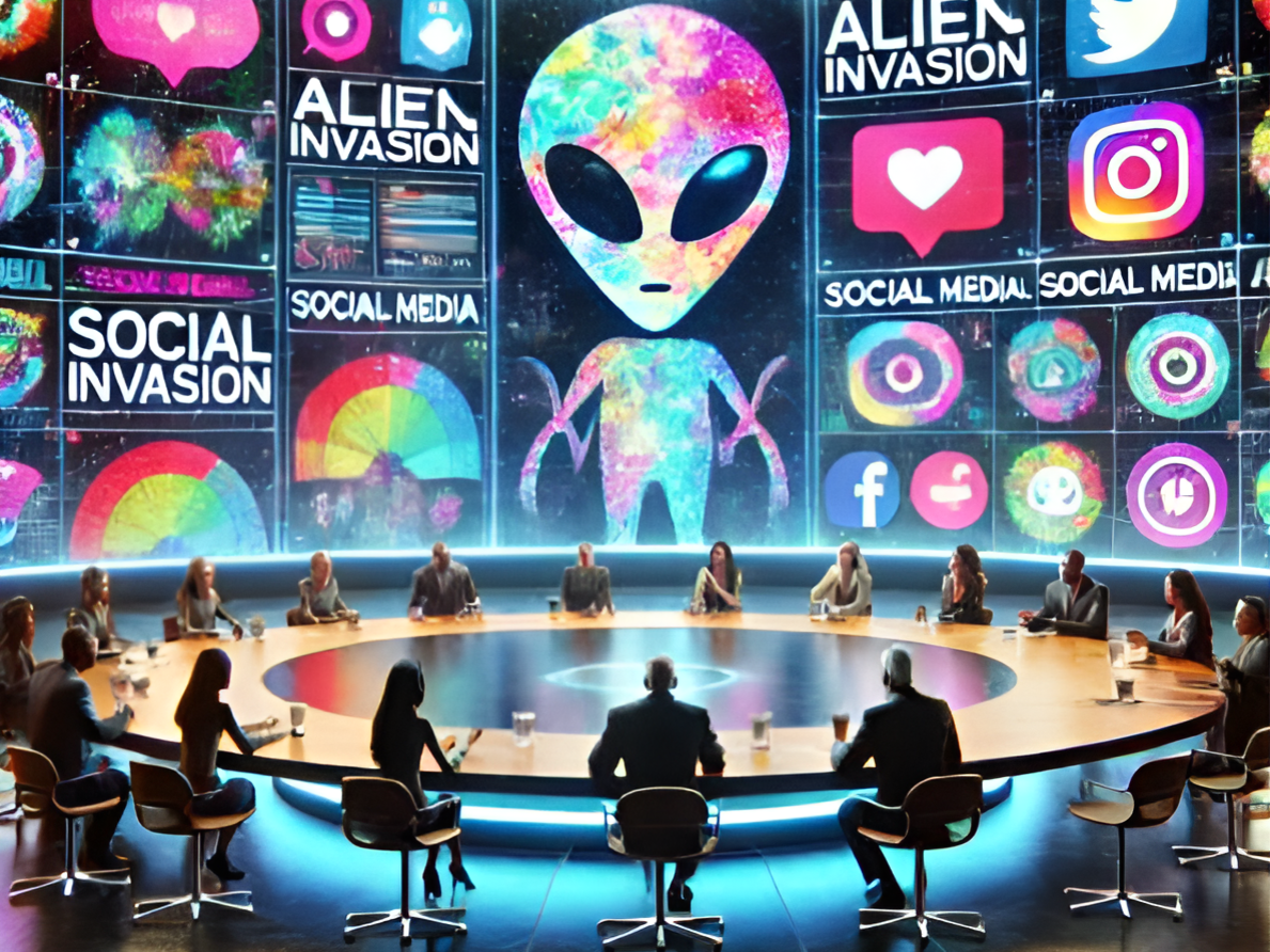 Eine Gruppe von Menschen sitzt um einen runden Tisch in einem futuristischen Raum mit Bildschirmen, auf denen "ALIEN INVASION", "SOCIAL MEDIA" und verschiedene Symbole und Grafiken für soziale Medien angezeigt werden.