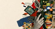 Eine Collage aus Technologie-Symbolen, einem Tablet, einem Mikrofon und einem lächelnden Mund, wobei eine Hand ein Smartphone berührt, vor einem bunten, abstrakten Hintergrund.