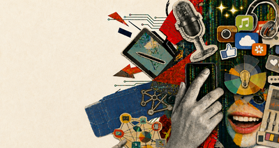 Eine Collage aus Technologie-Symbolen, einem Tablet, einem Mikrofon und einem lächelnden Mund, wobei eine Hand ein Smartphone berührt, vor einem bunten, abstrakten Hintergrund.