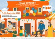 Abbildung von Menschen bei einem Straßenfest vor einem roten Gebäude, mit Veranstaltungsdetails zum 35-jährigen Jubiläum der Thüringer Landeszentrale für politische Bildung am 11. September 2026.