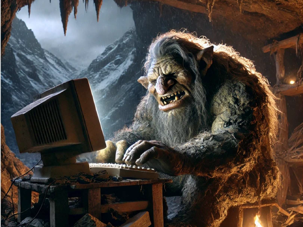 Ein großer Troll mit zotteligem Haar und Reißzähnen sitzt in einer Höhle und tippt auf einem alten Desktop-Computer, während durch den Höhleneingang Berge zu sehen sind.