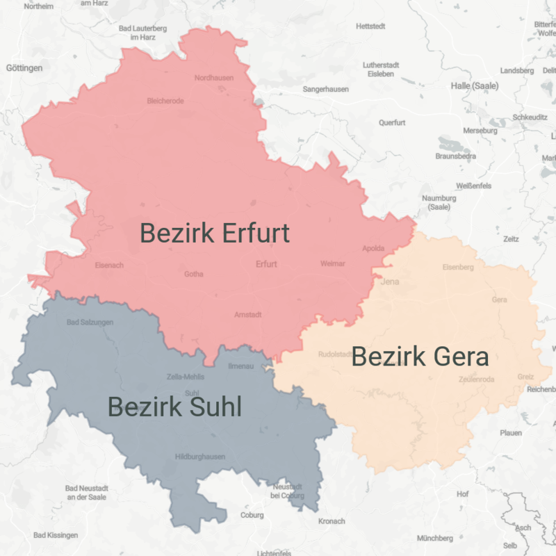 Die Karte zeigt drei Regionen in Ostdeutschland: Bezirk Erfurt (rosa), Bezirk Gera (gelb) und Bezirk Suhl (grau), jeweils beschriftet und umrandet.