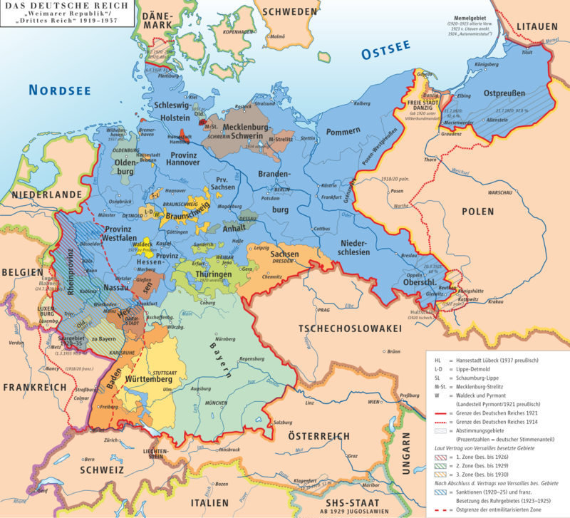 Karte des Deutschen Reichs von 1919 bis 1937 mit, mit gekennzeichneten Bereichen und einer Legende zur Erläuterung der verschiedenen Gebiete.