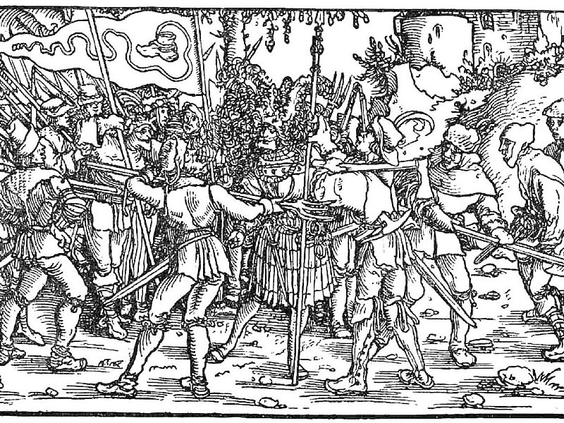 Eine Gruppe bewaffneter Soldaten umkreist eine zentrale gepanzerte Figur in einer mittelalterlichen Holzschnittillustration und richtet ihre Waffen auf sie.