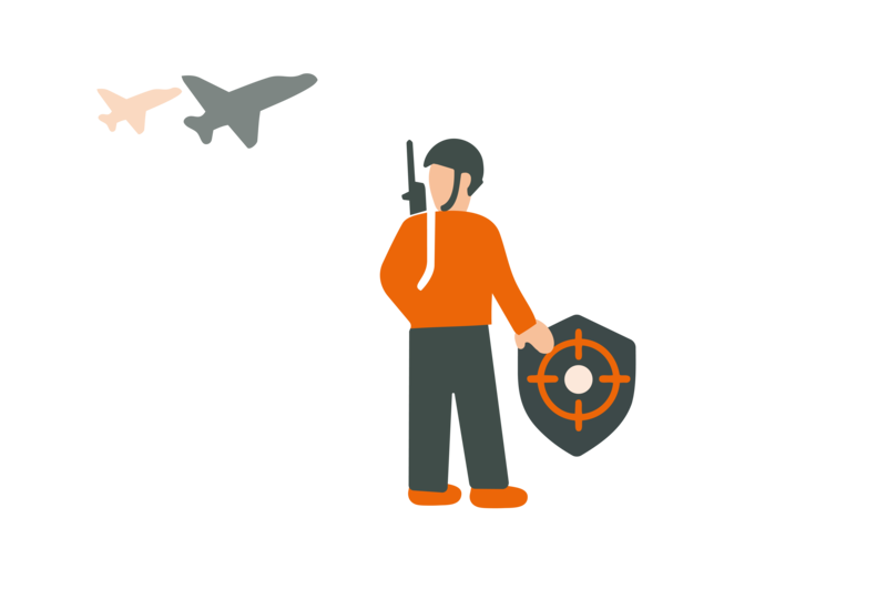 Illustration einer Person in Uniform, die ein Schild mit einem Zielsymbol und ein Funkgerät hält, mit zwei Flugzeugen im Hintergrund.