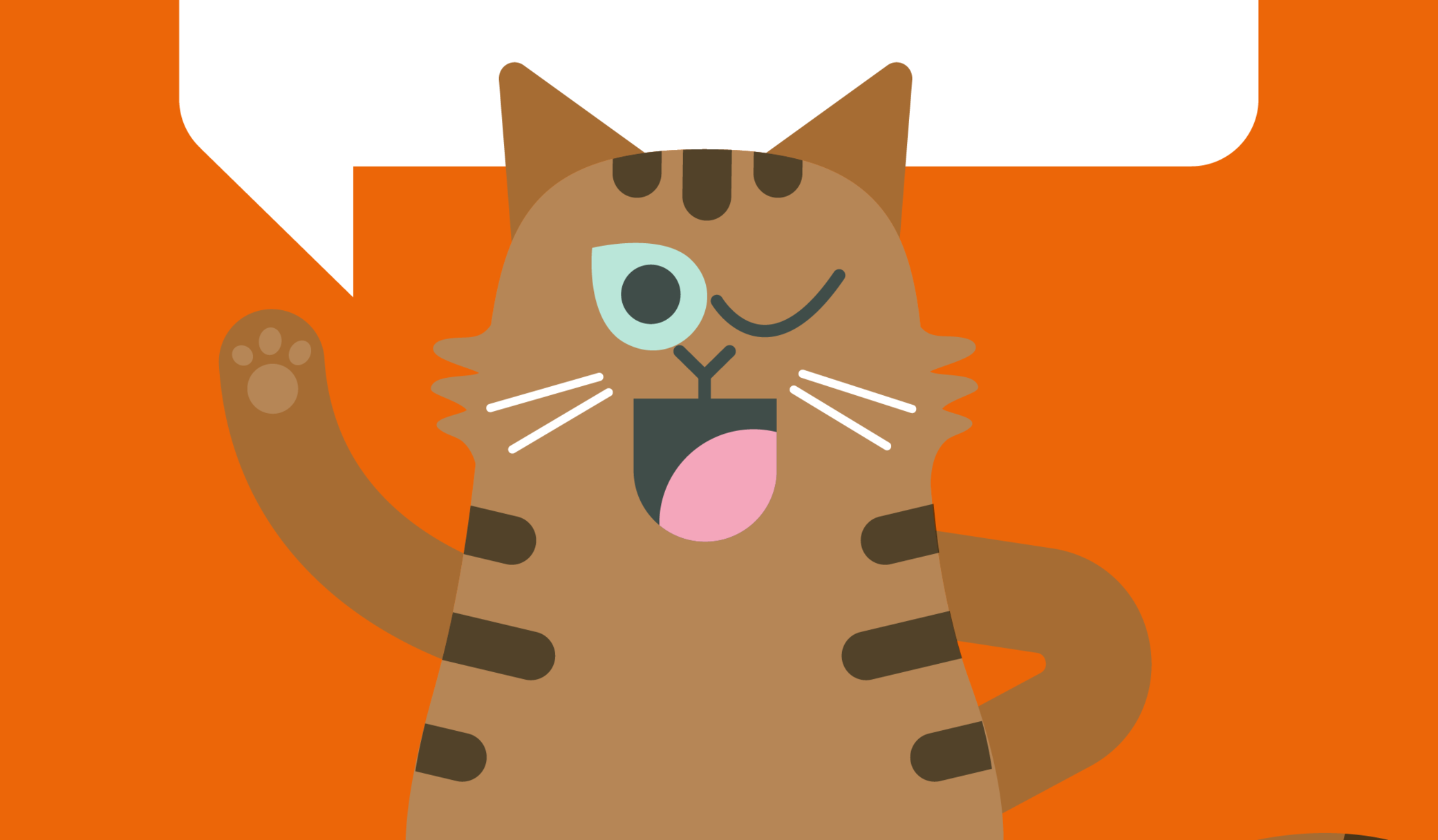 Eine Cartoon-Katze, die zwinkert und winkt, mit einer leeren Sprechblase über dem Kopf.