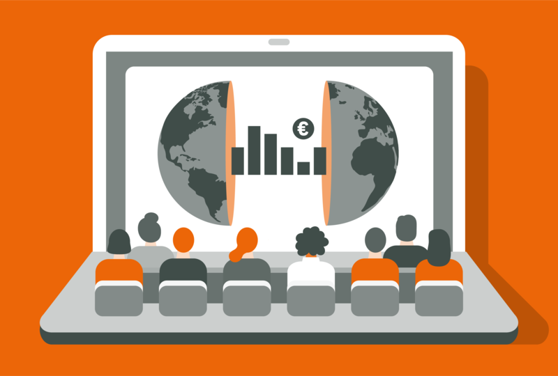 Illustration von Personen, die vor einem großen Laptop-Bildschirm sitzen, auf dem eine geteilte Weltkugel, ein Balkendiagramm und ein Euro-Symbol zu sehen sind, was eine virtuelle Präsentation über globale Finanzen darstellt.