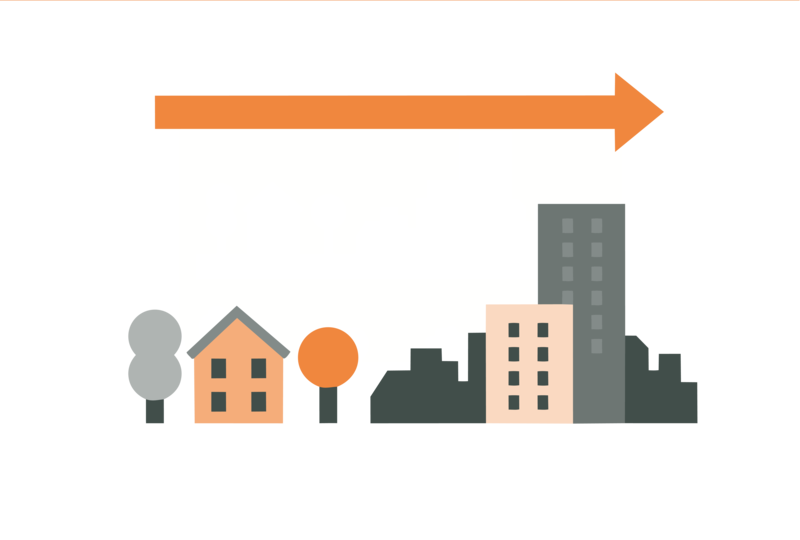 Illustration von Gebäuden und Bäumen mit einem orangefarbenen Pfeil, der nach rechts oben zeigt und Wachstum oder Stadtentwicklung andeutet.
