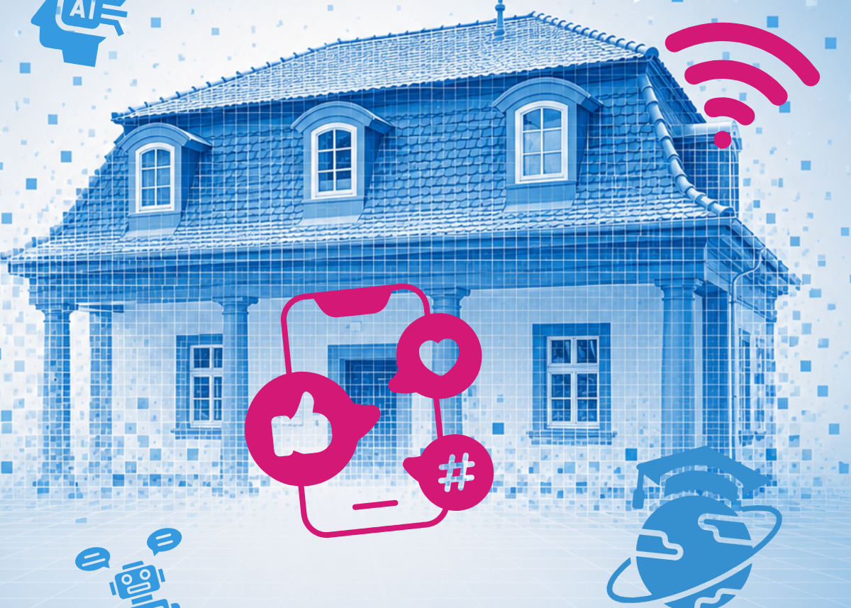Ein digital gerendertes Haus mit schwebenden Symbolen, die für Technologie, soziale Medien, KI und Vernetzung stehen, überlagert von einem Pixel-Effekt und einem „tlpb:“-Logo in der Ecke.